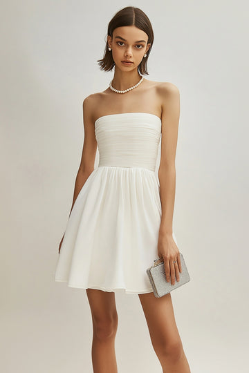 White Strapless A Line Chiffon Mini Dress